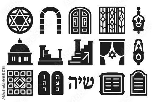 Synagogue Icon Design. Solid style icons of synagogue architectural details: Star of David window, stone entry arch, carved wood