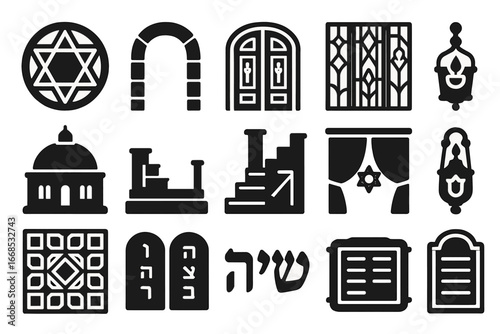 Synagogue Icon Design. Solid style icons of synagogue architectural details: Star of David window, stone entry arch, carved wood