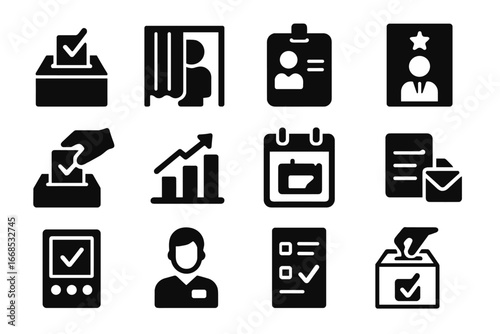 Voting Icons Collection. Solid style icons of voting and elections: ballot box with check, voting booth, ID card for voting,