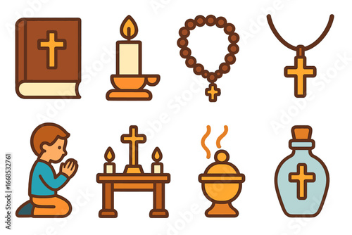 Children's Prayer Icons. Flat vector mini-illustrations Personal devotion in colors children's illustrations: prayer book, candle,