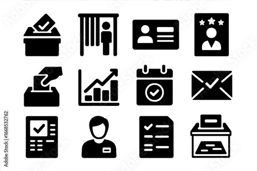 Voting Icons Collection. Solid style icons of voting and elections: ballot box with check, voting booth, ID card for voting,