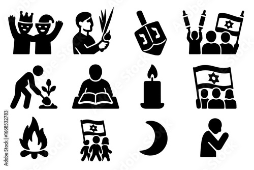 Synagogue Festival Icons. Solid style icons of synagogue festival events: Purim costume party, Sukkot lulav shaking, Hanukkah