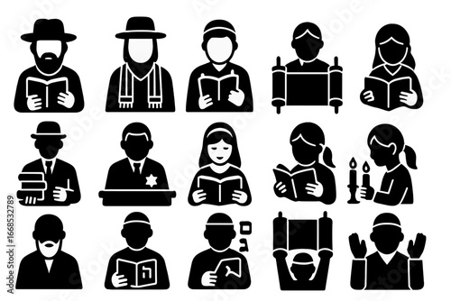 Synagogue Service Icons. Solid style icons of synagogue services and roles: rabbi with prayer book, cantor with tallit, gabbai