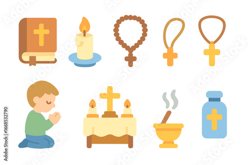 Children's Prayer Icons. Flat vector mini-illustrations Personal devotion in colors children's illustrations: prayer book, candle,