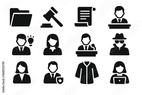 Government Icons Overview. Solid style icons of government branches and roles: executive folder, judicial gavel, legislative