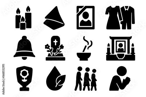 Mourning Traditions Icons. Solid style icons of mourning and remembrance traditions: candle vigil, folded cloth, memory frame,