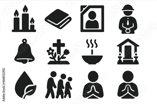 Mourning Traditions Icons. Solid style icons of mourning and remembrance traditions: candle vigil, folded cloth, memory frame,