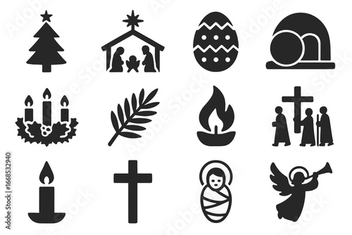 Christian Holiday Icons. Solid style icons of Christian holidays: Christmas tree, nativity scene, Easter egg, resurrection tomb,