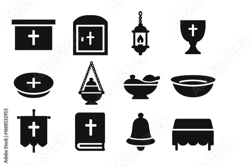 Christian Liturgical Icons. Solid style icons of Christian liturgical objects: altar, tabernacle, sanctuary lamp, chalice, paten,