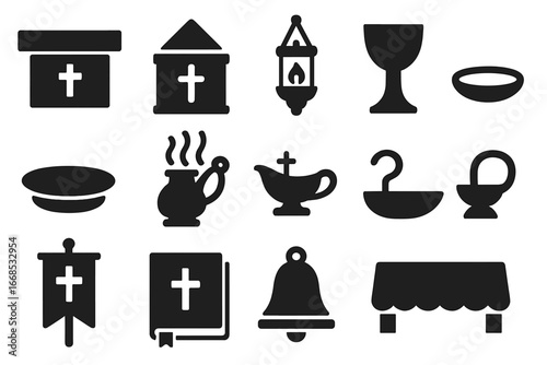 Christian Liturgical Icons. Solid style icons of Christian liturgical objects: altar, tabernacle, sanctuary lamp, chalice, paten,