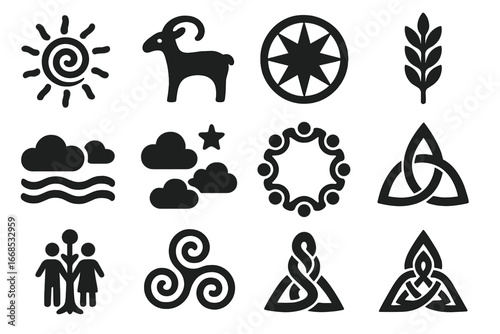 Traditional Symbols Icons. Solid style icons of traditional symbols and motifs: sun spiral, animal icon, nature pattern, sacred