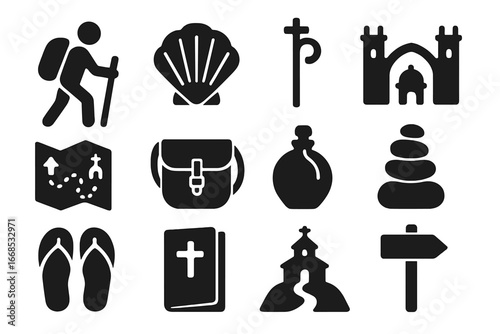 Christian Pilgrimage Icons. Solid style icons of Christian pilgrimage: walking pilgrim, scallop shell, staff with cross, holy site
