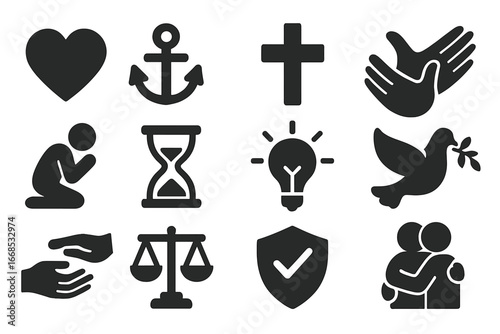 Iconic Christian Virtues. Solid style icons of Christian virtues and values: love heart, hope anchor, faith cross, charity hands,