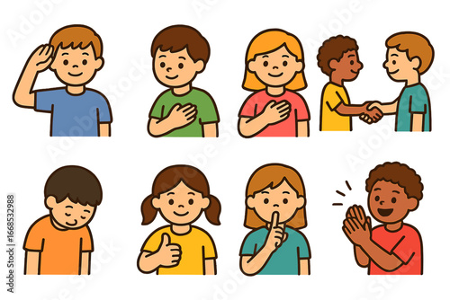 Children's Respect Icons. Flat vector mini-illustrations Respectful gestures in colors children's illustrations: salute, nodding