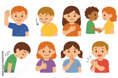 Children's Respect Icons. Flat vector mini-illustrations Respectful gestures in colors children's illustrations: salute, nodding