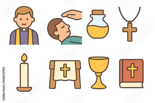 Children's Sacrament Icons. Flat vector mini-illustrations sacrament of anointing in colors children's illustrations: priest,