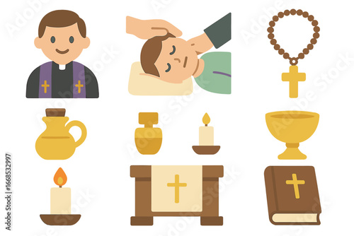 Children's Sacrament Icons. Flat vector mini-illustrations sacrament of anointing in colors children's illustrations: priest,