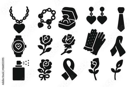 Valentine's Day Accessories. Solid style icons of Valentine's Day accessories: heart necklace, charm bracelet, ring box, heart