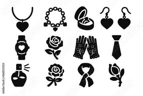 Valentine's Day Accessories. Solid style icons of Valentine's Day accessories: heart necklace, charm bracelet, ring box, heart