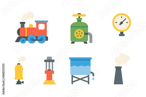 Children's Steam Power Icons. Flat vector mini-illustrations steam power in colors children's illustrations: steam locomotive,