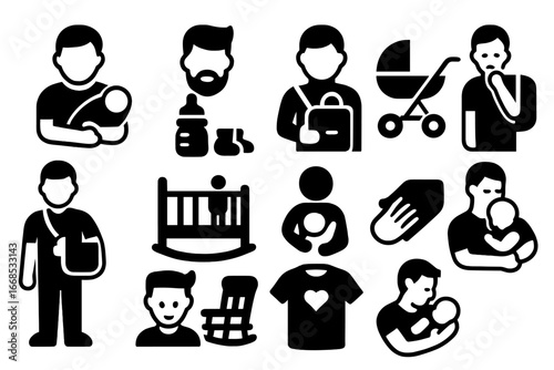 Icons of New Fatherhood. Solid style icons of new fathers: dad holding infant, baby bottle and beard, stroller and boots, crib