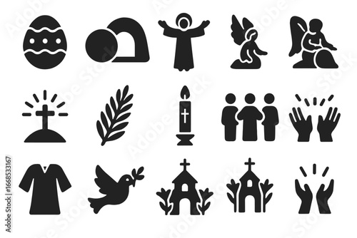 Easter Celebration Icons. Solid style icons of Easter celebration: decorated egg, empty tomb, risen Christ, angel at stone,