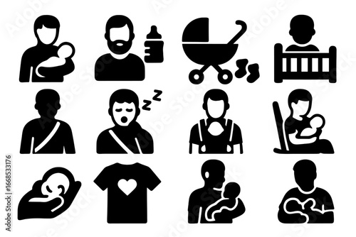 Icons of New Fatherhood. Solid style icons of new fathers: dad holding infant, baby bottle and beard, stroller and boots, crib