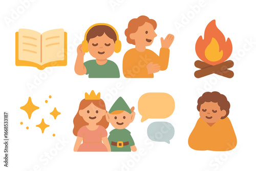 Children's Storytime Magic. Flat vector mini-illustrations manuscript storytelling in colors children's illustrations: open book,