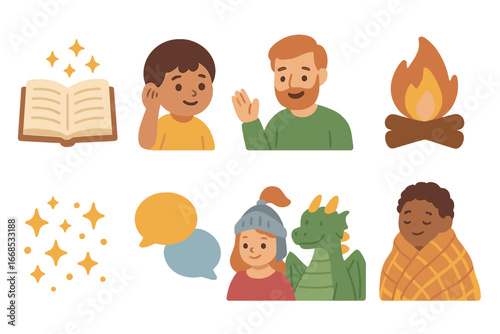 Children's Storytime Magic. Flat vector mini-illustrations manuscript storytelling in colors children's illustrations: open book,
