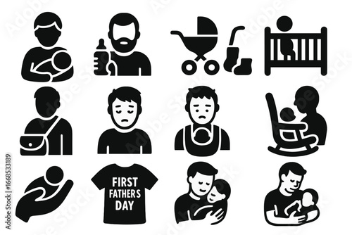 New Fathers Icon Set. Solid style icons of new fathers: dad holding infant, baby bottle and beard, stroller and boots, crib with