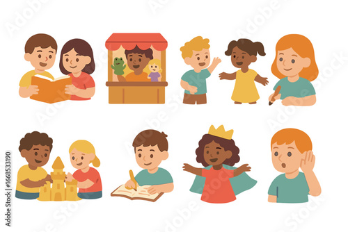Children's Storytime Icons. Flat vector mini-illustrations storytime activities in colors children's illustrations: reading aloud,