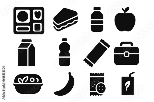 School Lunch Icons. Solid style icons of school lunch and snacks: lunch tray, sandwich, apple, milk carton, water bottle, snack