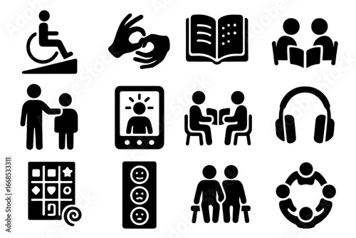 Inclusive Education Icons. Solid style icons of inclusive education: wheelchair ramp, sign language hand, braille book, student