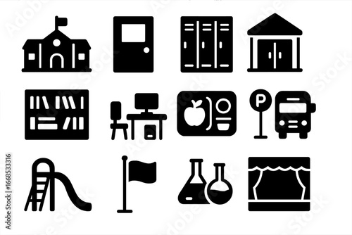School Facilities Icons. Solid style icons of school buildings and facilities: school building, classroom door, hallway lockers,