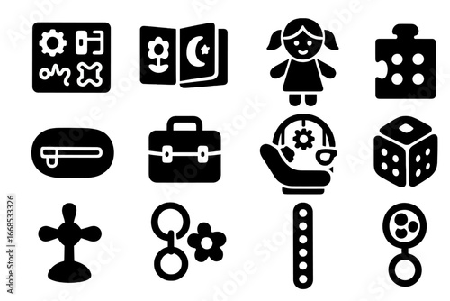 Travel Quiet Toys Icons. Solid style icons of travel and quiet toys: busy board, fabric book, mini puzzle, quiet doll, zipper toy,