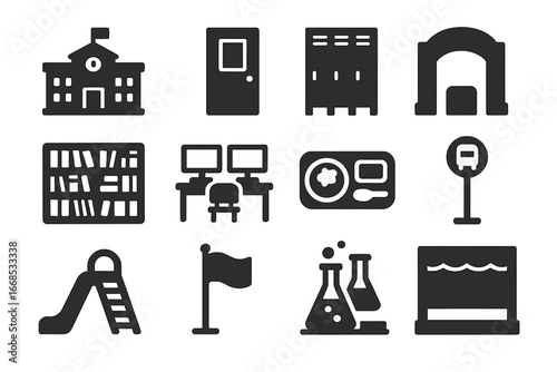 School Facilities Icons. Solid style icons of school buildings and facilities: school building, classroom door, hallway lockers,