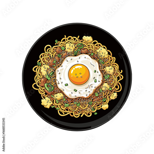 Fried noodles with fried egg on a black plate