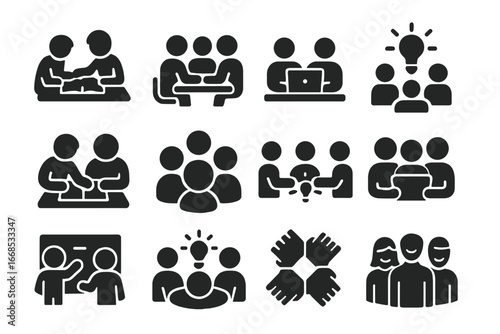 Collaborative Learning Icons. Solid style icons of collaborative learning: peer tutoring, team discussion, shared laptop,