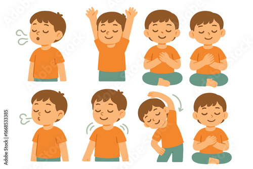 Children's Yoga Poses. Flat vector mini-illustrations stretching and breathing in colors children's illustrations: child taking