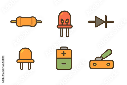Circuit Components for Kids. Flat vector mini-illustrations circuit basics in colors children's illustrations: resistor, capacitor