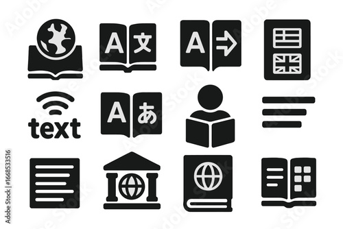 Multilingual Reading Icons. Solid style icons of multilingual reading: book with globe, open pages with two languages, split page