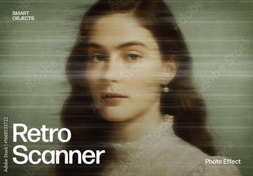 Retro Scanner Photo Effect Template, Vintage Scan Lines and Distorted Texture