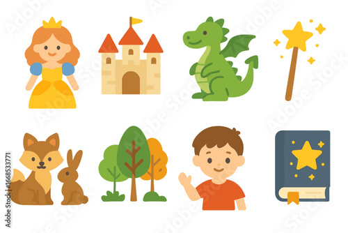 Classic Fairy Tale Icons. Flat vector mini-illustrations classic fairy tales in colors children's illustrations: princess, castle,