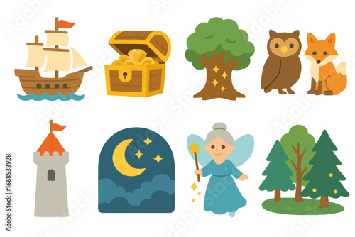 Classic Tales Icons. Flat vector mini-illustrations classic tales in colors children's illustrations: wooden ship, treasure chest,