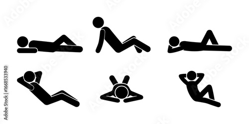 Stickman relaxing icon set showing different resting poses in silhouette style. Simple black pictogram of people lying down, sitting, and relaxing for leisure, vacation, rest, or meditation concepts.