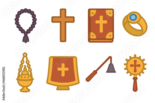 Clergy Accessories Icons. Flat vector mini-illustrations Clergy accessories in colors children's illustrations: prayer rope,