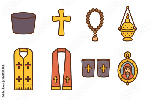 Clerical Vestments Icons. Flat vector mini-illustrations clerical vestments accessories in colors children's illustrations: