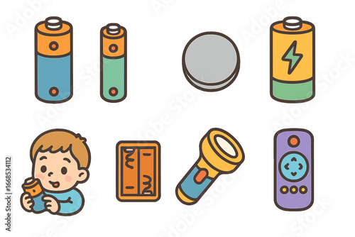 Colorful Battery Icons. Flat vector mini-illustrations battery types in colors children's illustrations: AA battery, AAA battery,