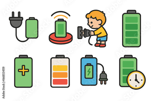 Colorful Battery Icons. Flat vector mini-illustrations battery charging in colors children's illustrations: power plug connecting,