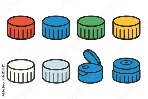 Colorful Bottle Caps. Flat vector mini-illustrations plastic bottle cap in colors children's illustrations: red cap, blue cap,